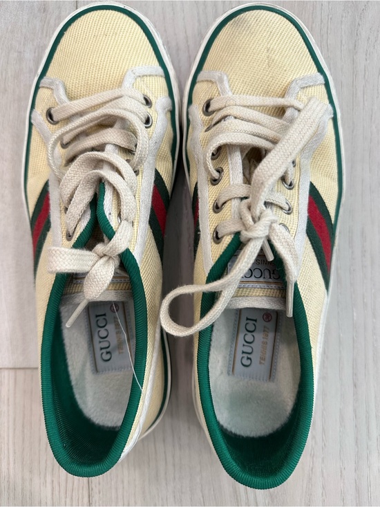 Gucci Shoes - Gucci Cream Canvas Low-Top Sneakers with Green & Red Stripes